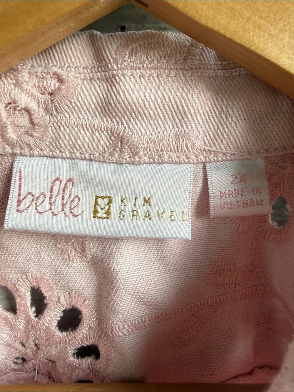 QVC Belle by Kim Gravel Pink Eyelet Mixed Media Twill Jacket Stretch Boho 2X